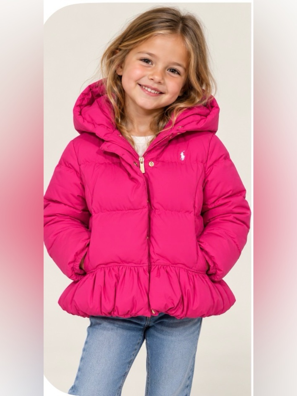 Ralph Lauren Girl Shannon Peplum Hooded Pink Down Puffer Jacket Size 6 Youth